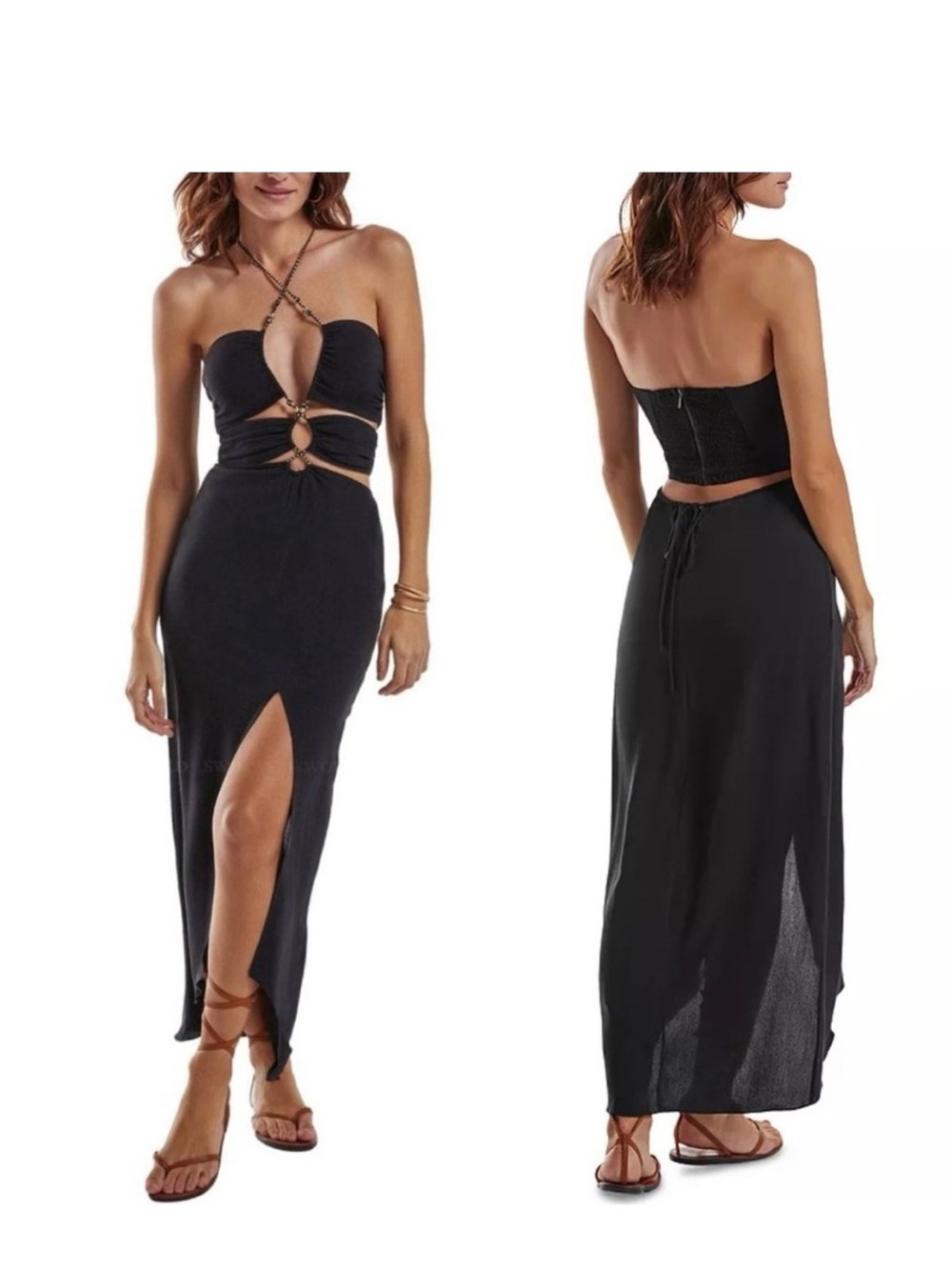 Strapless Black Cutout Maxi Dress with Side Slit